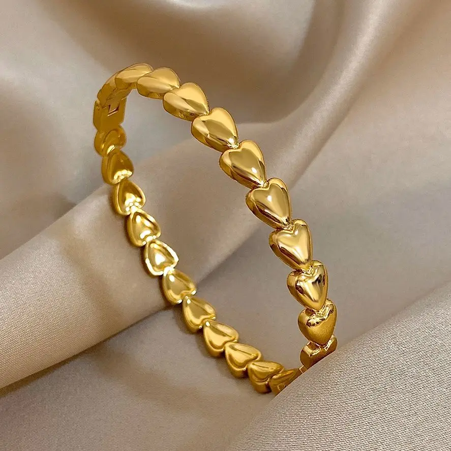 Gelang Manset Baja Tahan Karat Tambal Sulam Hati Cinta Cantik untuk Hadiah Perhiasan Gelang Susun Berlapis Emas Mode Wanita
