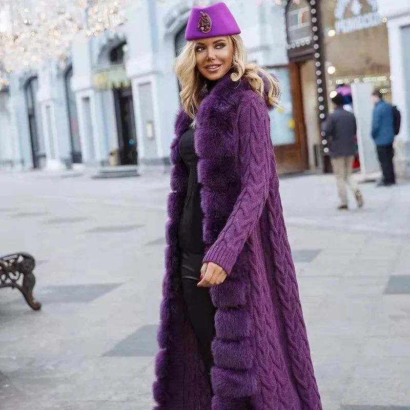 Furshehe Herbst Winter Frauen Pullover lange gestrickte Strickjacken echte Fuchs Pelzmantel abnehmbare Mode Streetwear Dame Strickwaren