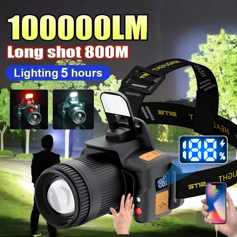 Linterna frontal con Sensor LED superbrillante, recargable por USB, luz frontal con batería integrada, linterna para acampar y pescar