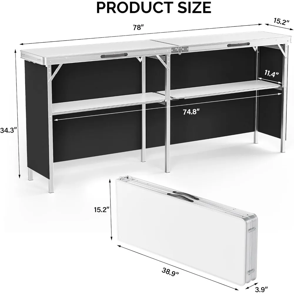 78" Portable Bar Table, 2-Tier Shelves, Mobile Bar Table for Events, Party, Camping, Picnic, Tradeshow, Indoor with Black Skirt