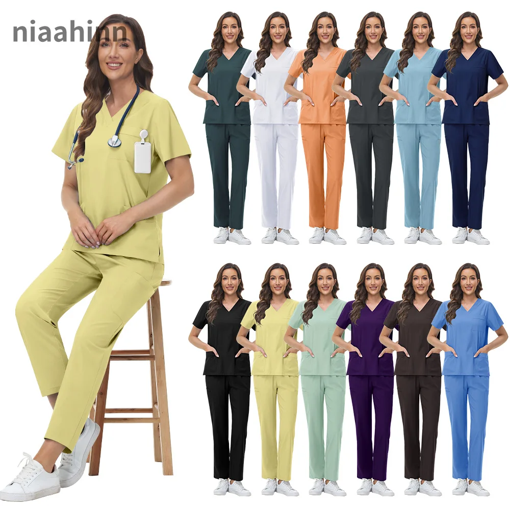 Großhandel Apotheke Arbeitsanzug Krankenhaus Haustierpflege Arbeitskleidung Scrub Tops Hose Krankenschwester Arzt Chirurgische Uniform Frauen Scrub Set