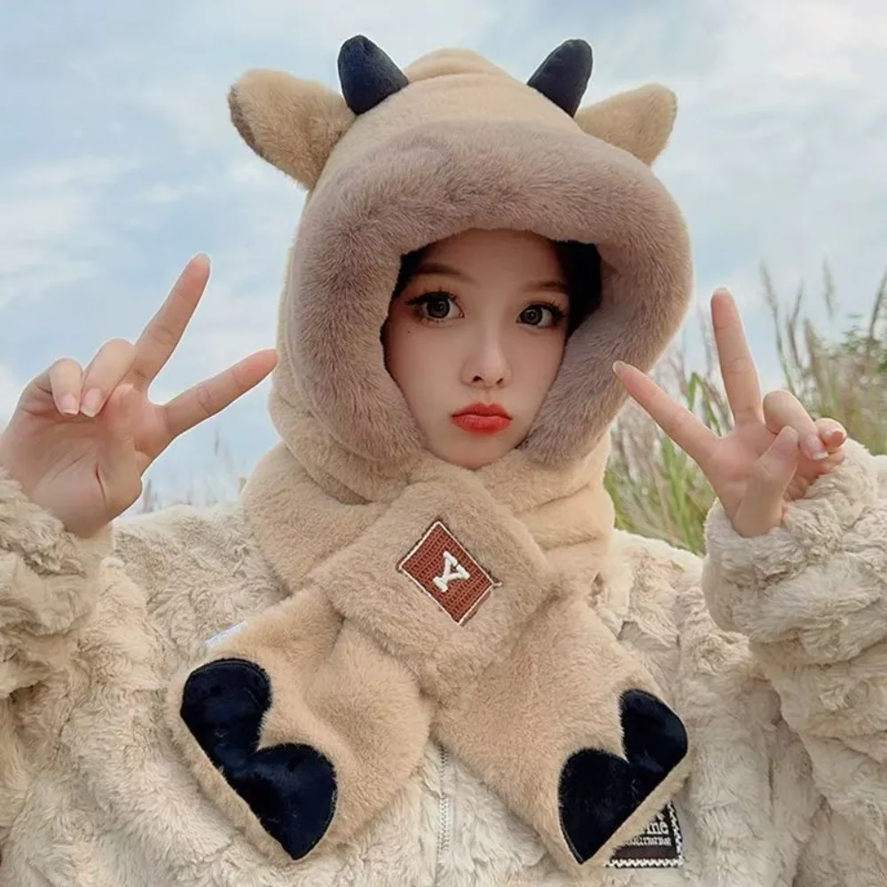 New High Quality Thickened  Hat Scarf Gloves Set Winter Warm Ram's Horn Women Beanies Cap Cute Rabbit Ear Hat Outdoor