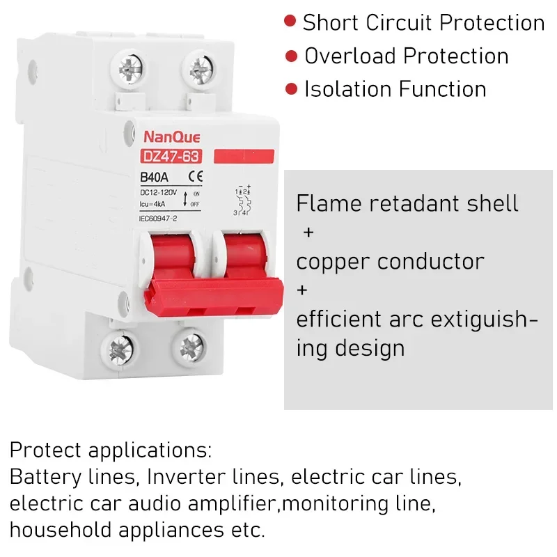 DC Động MCB 12V 24V 48V 60V 110V Bảo Vệ Ngắt Mạch Điện Tích Cực Âm Tắc Ngắn mạch 2P 10A 20A 50A 100A 125Amp