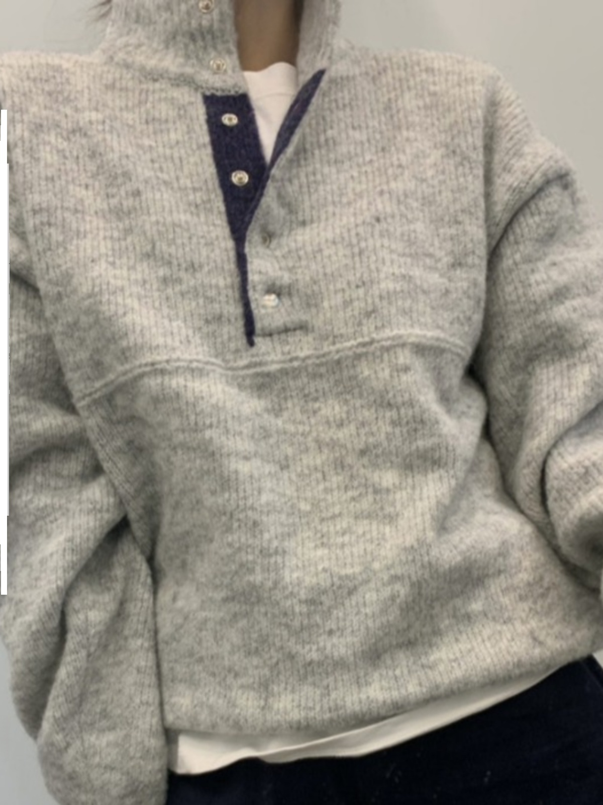 Women's Loose Knitted Sweater Winter Fashionable Design Hidden Button Warm Versatile Long Sleeve High Collar Top for All Seasons