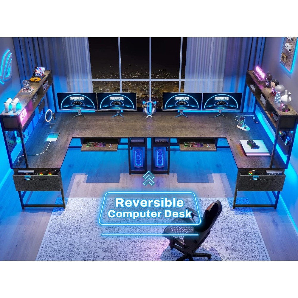 L Shaped Desk, 94.5 Inch Office Desk with Power Outlet & Pegboard, L Shaped Desk with Led Light, Keyboard Tray, Storage Shelves