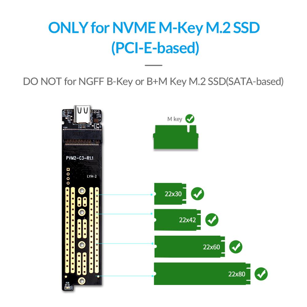 ORICO M2 SSD-Gehäuse NVMe-Gehäuse M.2 auf USB 3.2 Gen 2 10 Gbit/s Typ C Transparentes Festplattengehäuse für NVMe PCIE M/B Key SSD