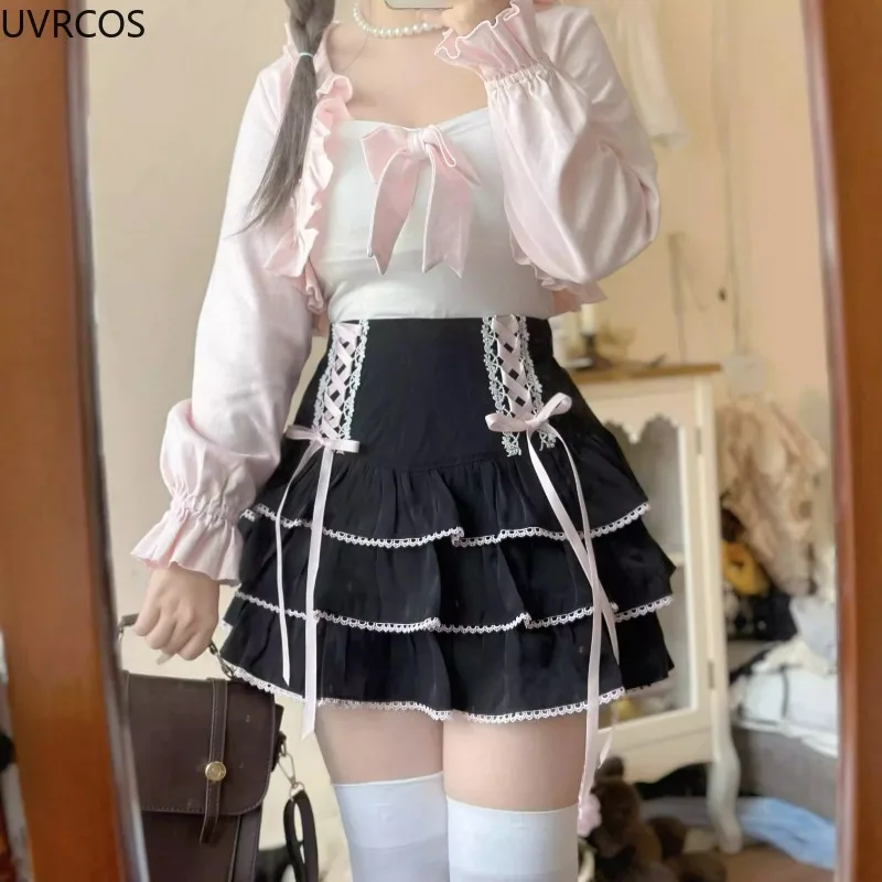 Japanse Kawaii Lolita Stijl Geplooide Rokken Vrouwen Hoge Taille Roze Bandage Fee Y2k Esthetische Rok Leuke Faldas Mujer Moda 2024