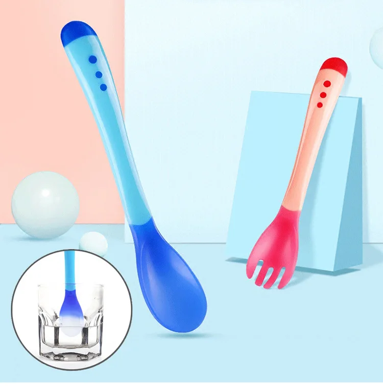 Utensílios de mesa complementares para bebês de 0 a 5 anos, acessórios fotográficos, 40 graus, sensível à temperatura, mudança de cor, silicone macio