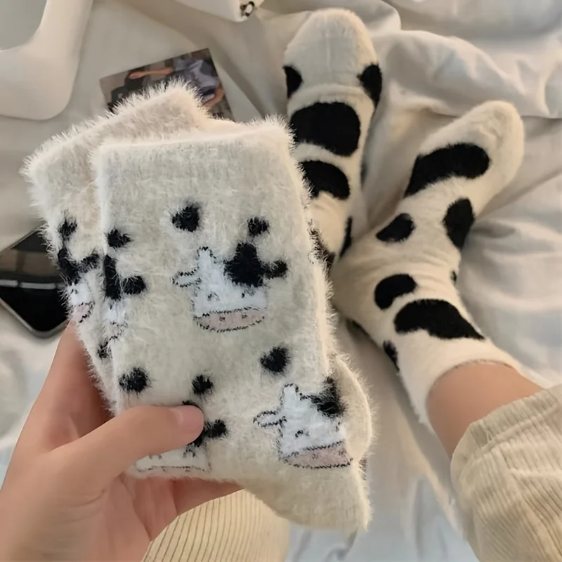 2 pares de lindos calcetines con estampado de vaca para invierno, calcetines cálidos de felpa a media pantorrilla para mujer, ropa informal suave y cómoda para el hogar, G de moda