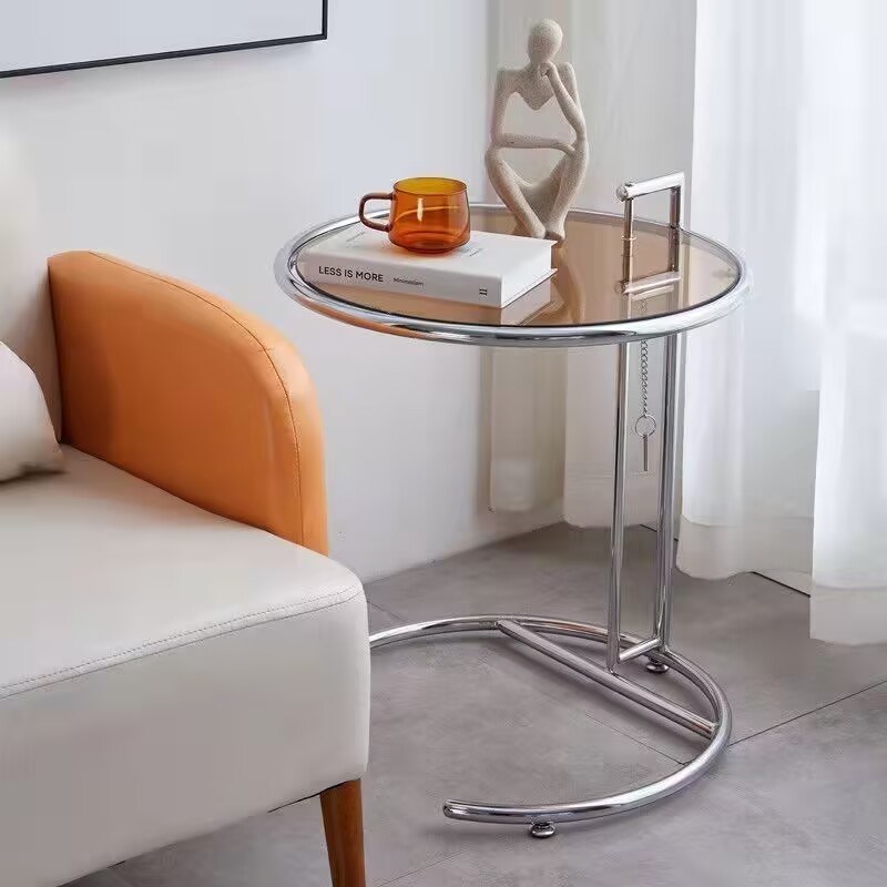 Mesas de centro de vidrio nórdico, muebles de sala de estar, mesa lateral de balcón, mesa de té de elevación de acero inoxidable, mesitas de noche transparentes