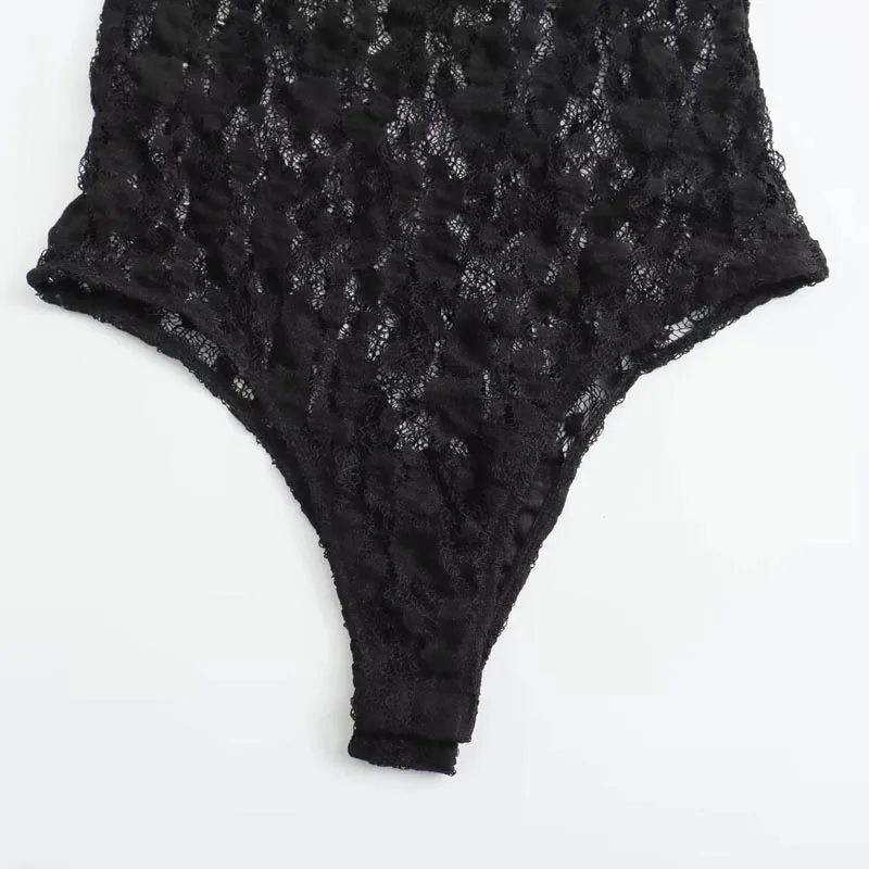 TRAF ลูกไม้ชุดบอดี้สูทผู้หญิงฤดูใบไม้ร่วงสีดํา Cutwork O-คอยาวแขนยาว Spandex เซ็กซี่ชุดชั้นในสําหรับ Fine ผู้หญิง