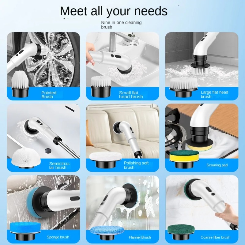 Nine in one multifunctional handheld electric cleaning brush with telescopic function, bathroom floor and kitchen cleaning tool