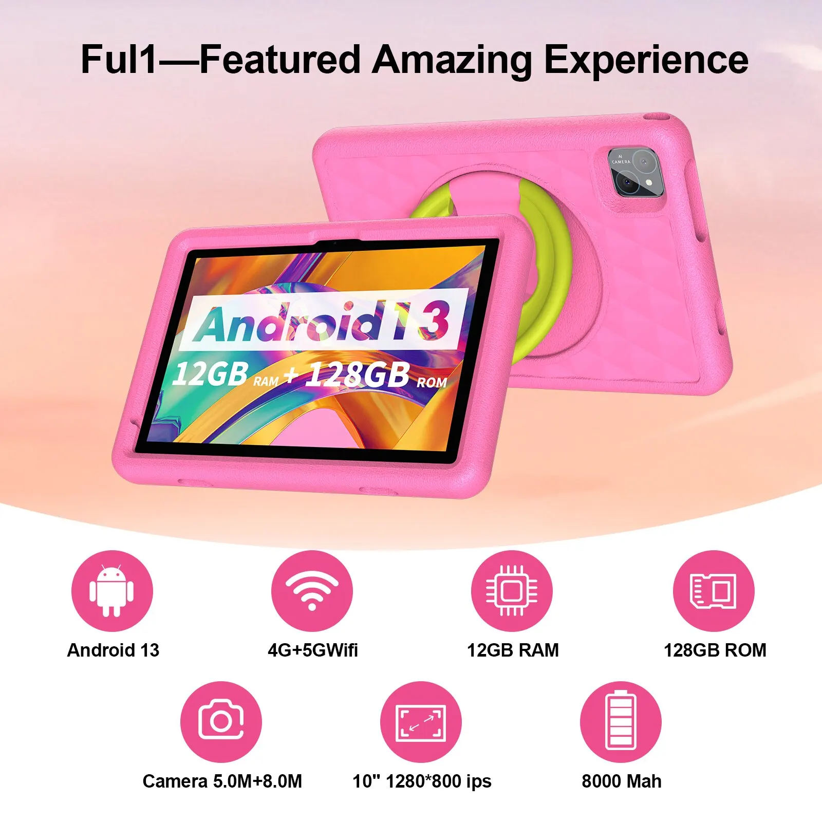 Tablet 10,1 cala dla dzieci, Android 13, Octa-Core, 4G LTE Dual SIM, Parental Control, 12 GB RAM (6 + 6 rozszerzeń)/128 GB pamięci masowej