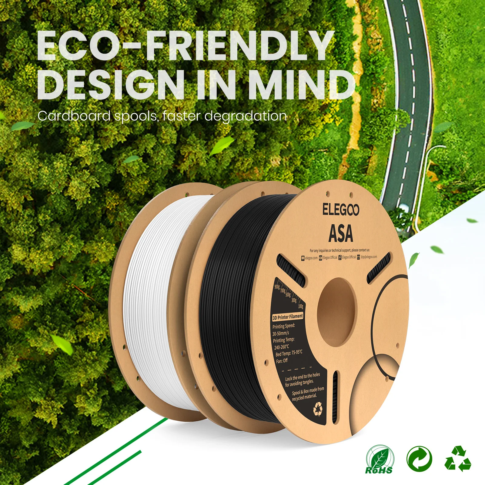 ELEGOO ASA Filament 1,75 мм, 1 кг, УФ- и атмосферостойкая нить для 3D-принтера, идеально подходящая для уличных функциональных деталей, 1 кг, черный, белый цвет