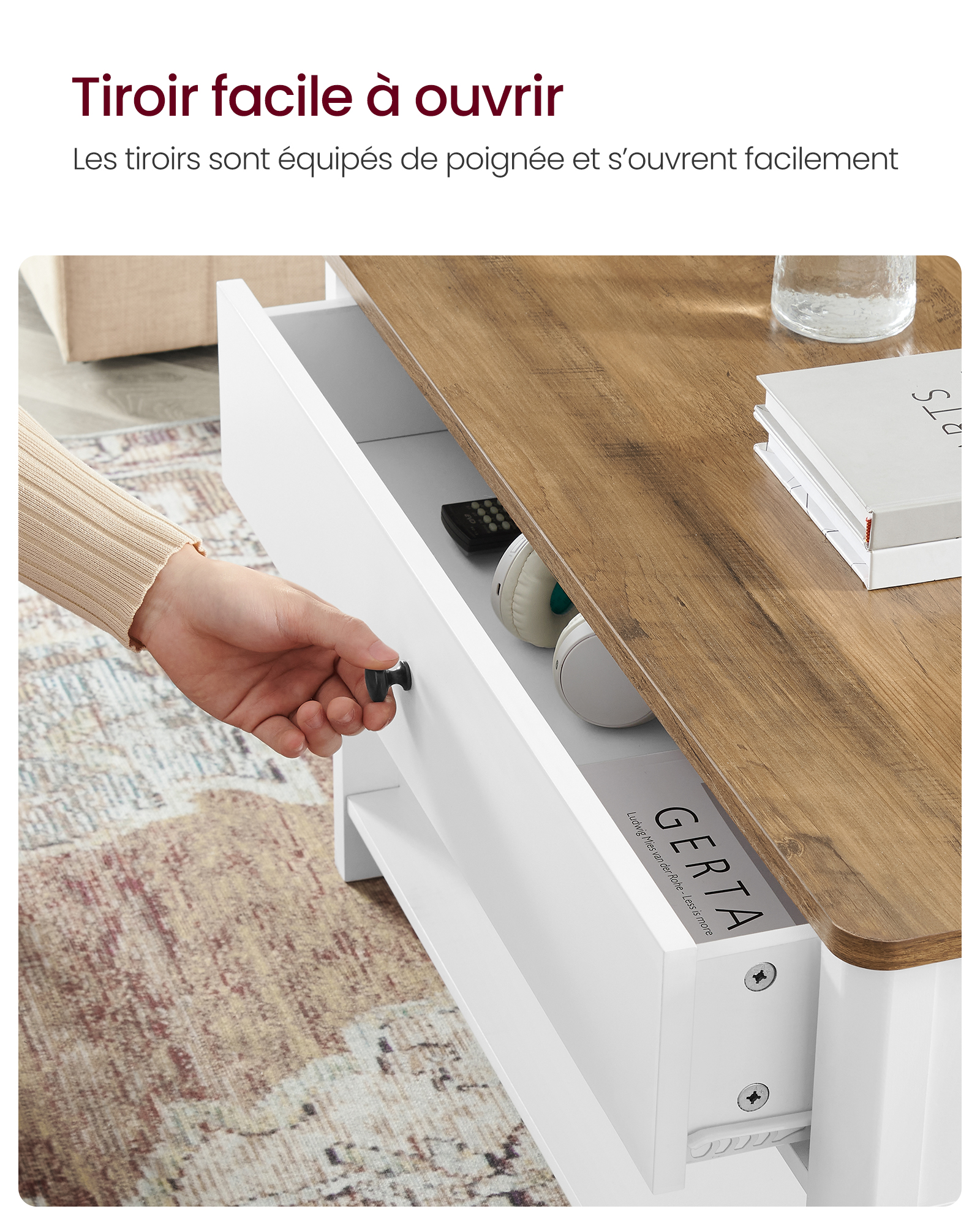 VASAGLE Table Basse, Table de Salon, Table d’Appoint, 2 Grands Tiroirs, avec Pieds, Grand Espace de Rangement, Style Marin, 80 x 80 x 45 cm, pour Salon