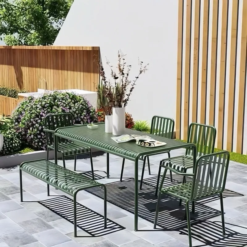Set tavolino da caffè Tavolo da pranzo e sedia da esterno in metallo verde Tavolo da pranzo quadrato in metallo Sedie in acciaio impilabili per patio con terrazza