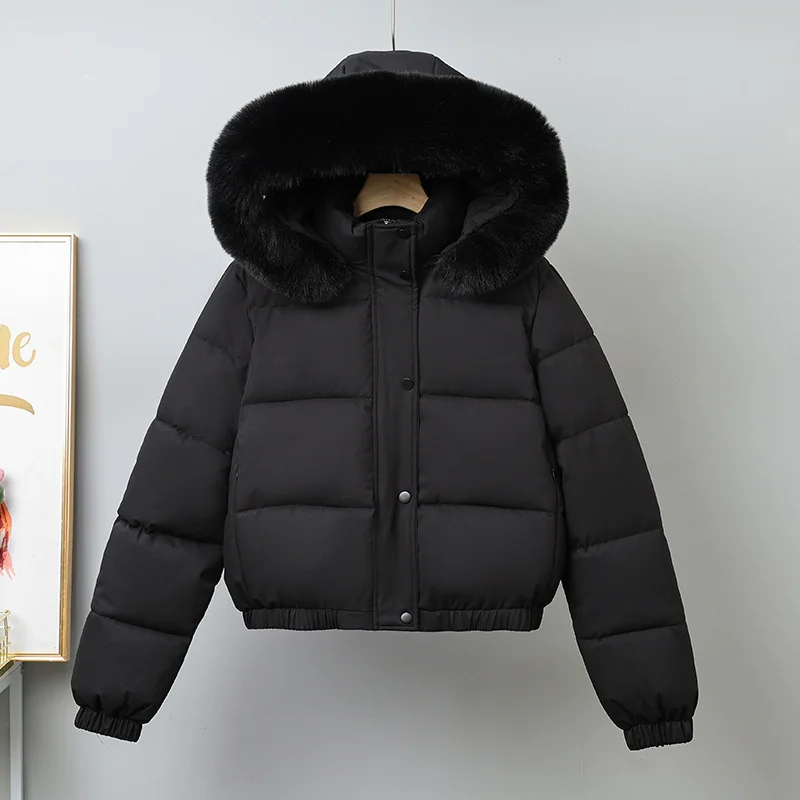 Inverno curto parkas roupas femininas acolchoadas de algodão adicionar veludo engrossar outerwear gola de pele removível casacos com capuz jaquetas quentes
