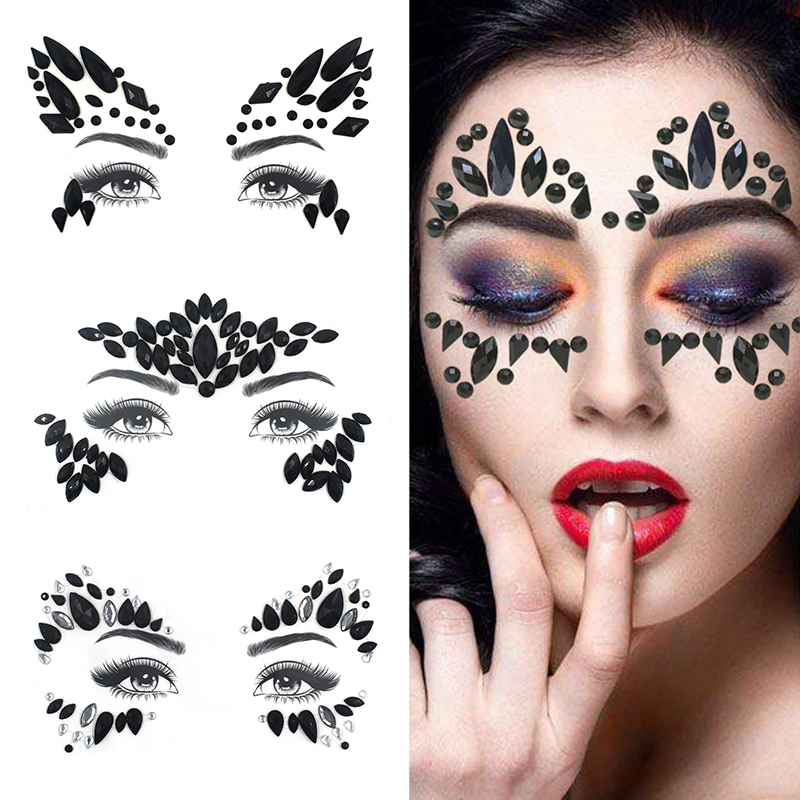 Pegatinas faciales de cristal 3D negras, joya de Festival, adhesivo de diamantes de imitación, tatuaje temporal, arte corporal Sexy, tatuaje brillante, pegatina de belleza de gemas