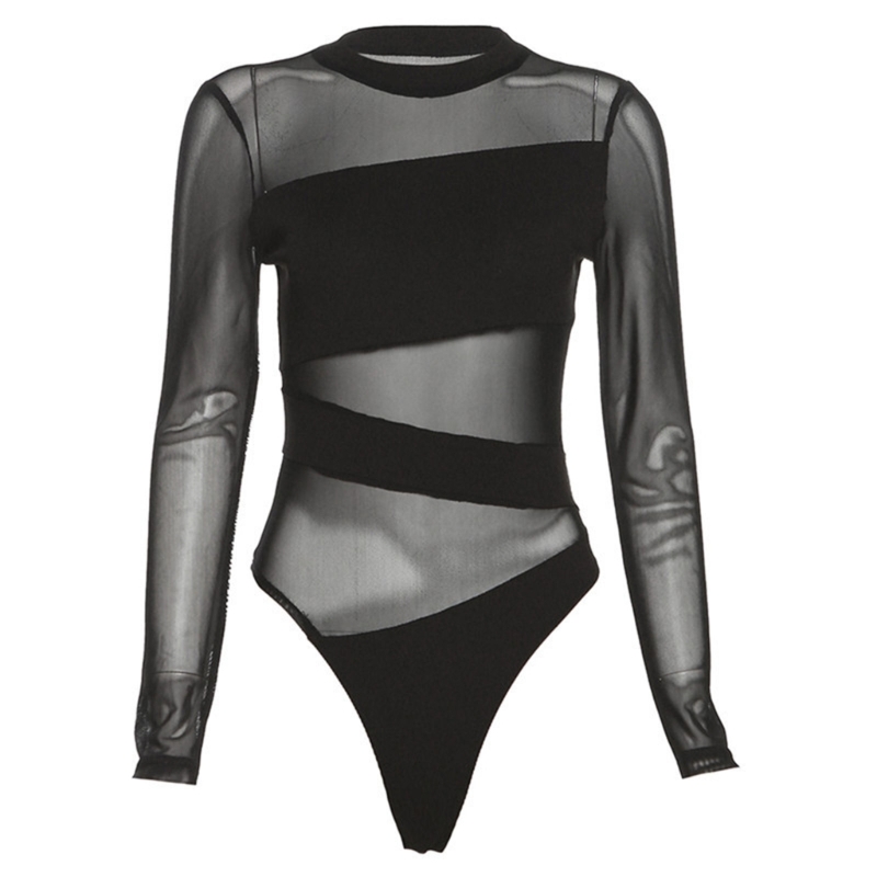 Damen-Bodysuit mit unregelmäßigem, durchsichtigem Mesh-Patchwork, langärmelig, schmale Passform, Schwarz