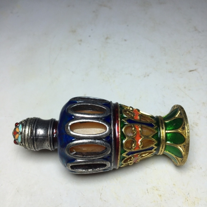 Antique Collectible Double-Sided Pure Copper Amber Inlaid Cloisonné Snuff Bottle Smoking Set with Internal Painting Snuff Bottle