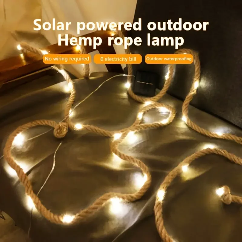 5 m/10 m solarbetriebene Vintage-Seil-Hanf-Lichterkette mit 8 Beleuchtungsmodi, 100/200 LEDs, Kupferdraht-Lichterkette für Camping-Dekoration