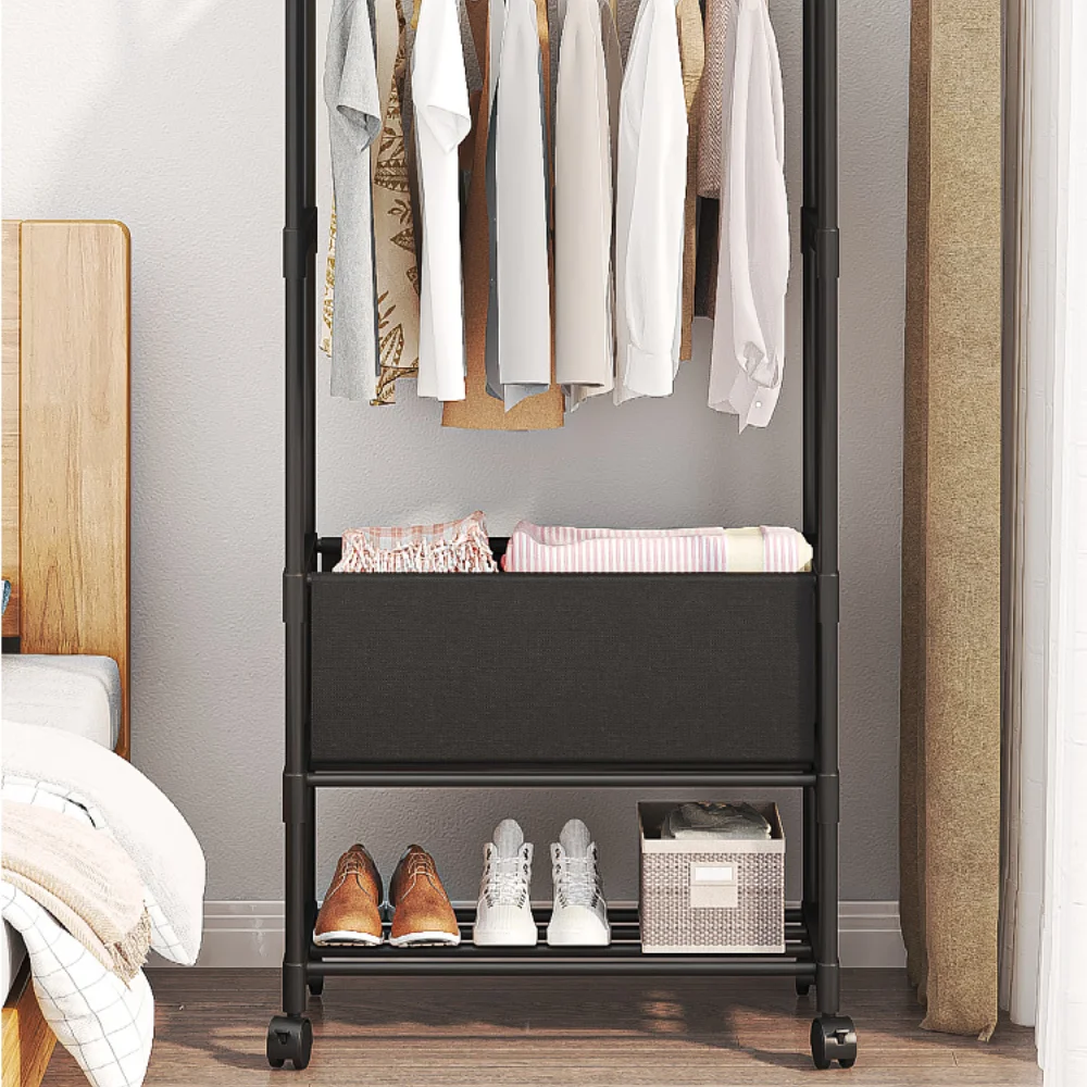 Double Pole Coat Rack Movable Clothes Storage Racks Multi Functional Clothing Hanger Shelves with Wheels Bedroom Stand Wardrobe
