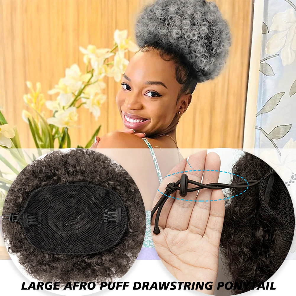 Extension de queue de cheval afro bouffante avec cordon de serrage pour femmes noires, queue de cheval afro synthétique courte noire pour cheveux naturels, clip sur kink