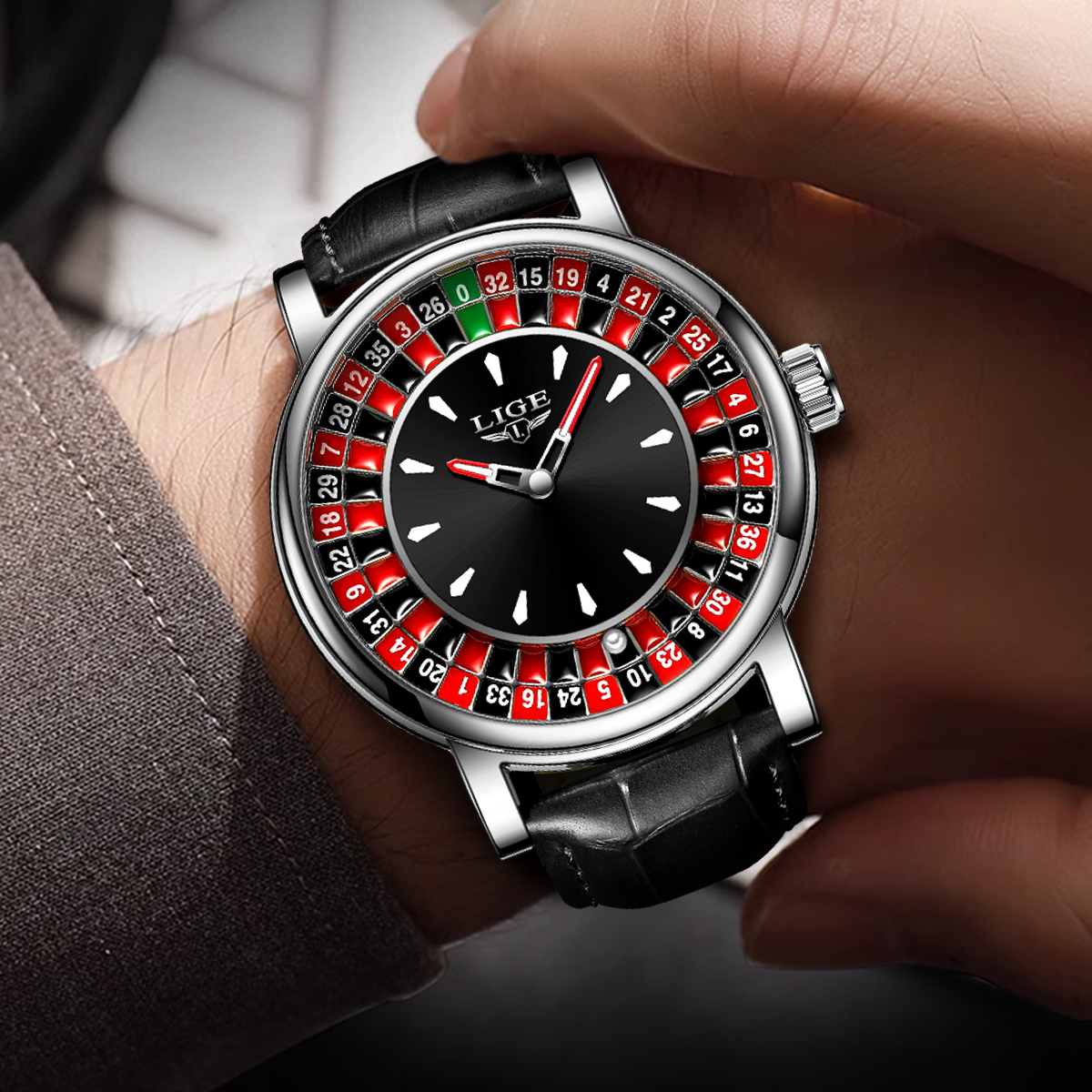 LIGE Quartz homme montre mode luxe créatif Roulette jeu cadran conception en cuir décontracté vie étanche montres pour hommes cadeaux + boîte