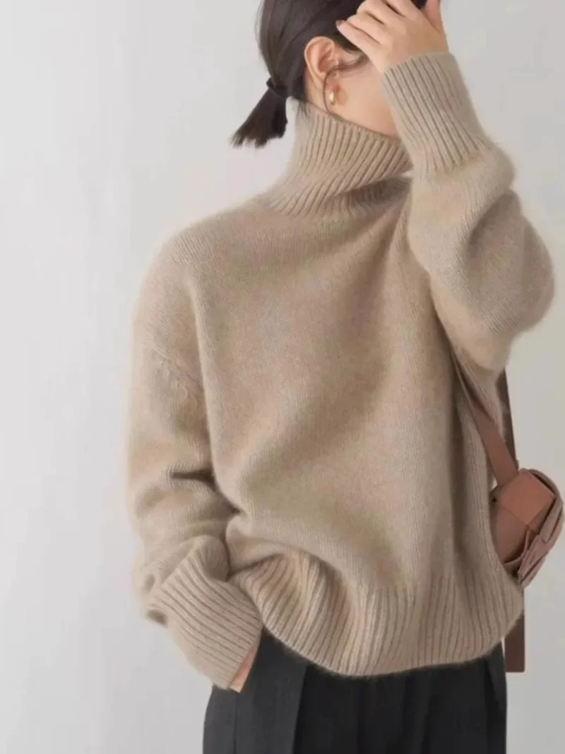 2024 Otoño e Invierno nuevo suéter grueso de Cachemira para mujer jersey de cuello alto suéter cálido suelto de punto Base suéter chaqueta Tops
