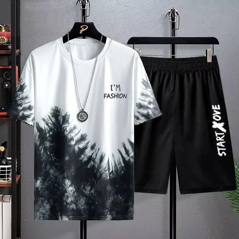 Trajes para hombres 2025, moda de verano, poliéster, fino, informal, transpirable, manga corta, Camiseta deportiva estampada + Pantalones cortos, conjunto de baloncesto