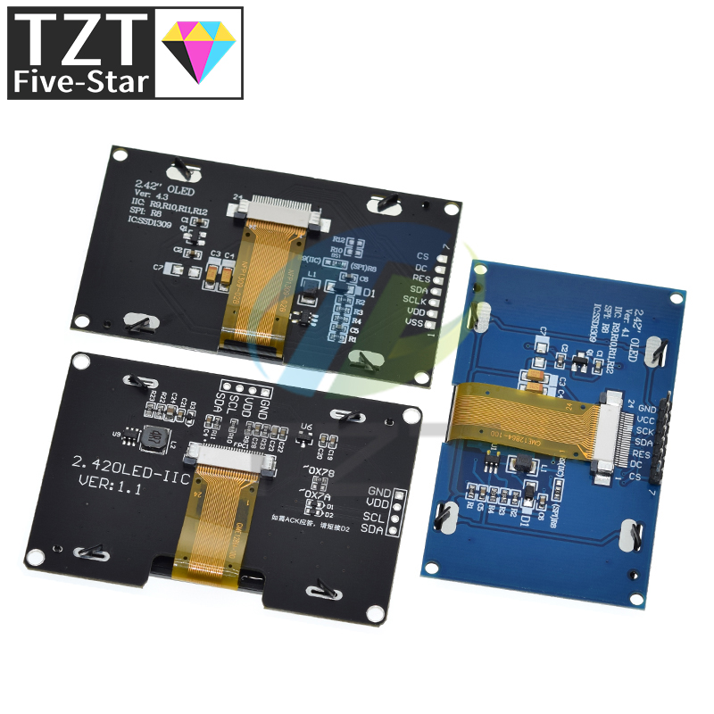 Tzt 2.4 "2.42 polegadas 128x64 módulo de exibição lcd oled ssd1309 12864 7 pinos spi/iic i2c interface serial para arduino uno r3 c51