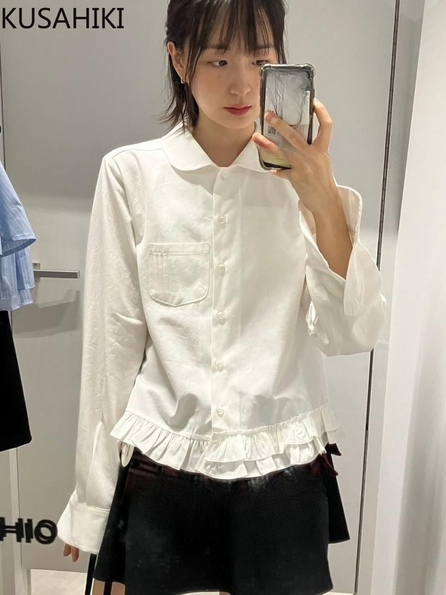 KUSAHIKI 2024 otoño nuevo Irregular versátil volante Patchwork camisa blanca moda coreana chicas blusa Top Vetement Femme