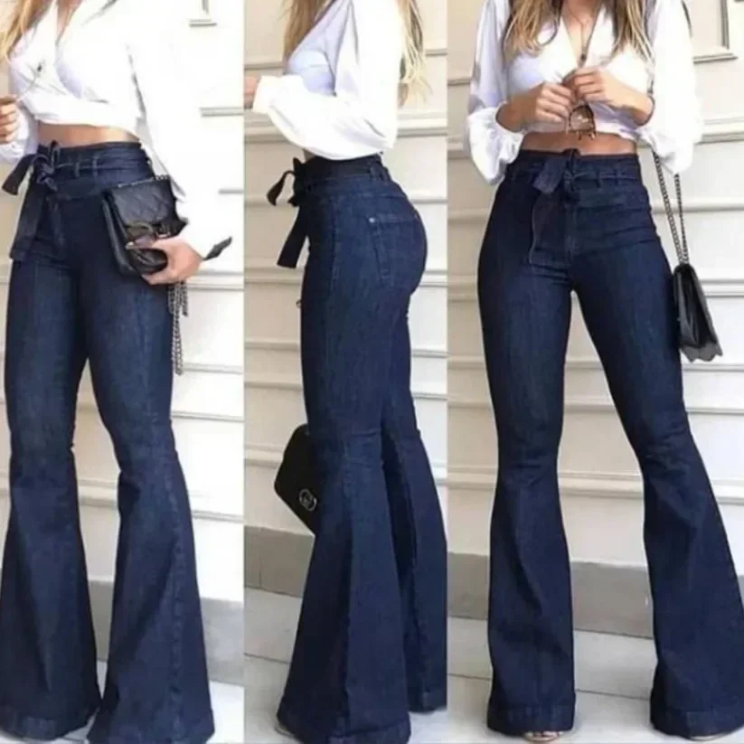 Frauen Jeans Denim Flare Hosen Einfarbig Hohe Taille Zipper Fly Flache Taschen Streetwear Schlank Patchwork Taste Leichte Stretch Gürtel