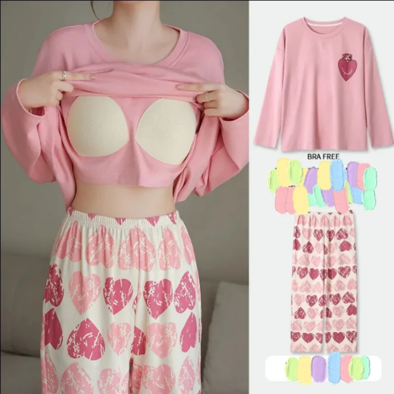 2 ピース/セット女性ビッグサイズ胸パッド付きパジャマ春秋と冬長袖ヘッドセットルーズホームウェア屋外で着用可能