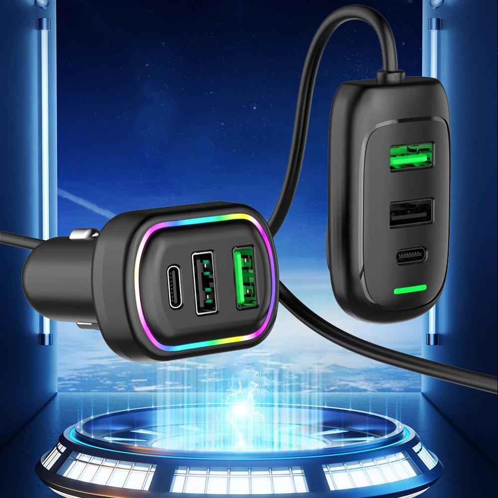 6-Ports USB Typ-C Vorder- und Hinterverlängerung Autoladegerät mit RGB-Licht PD Schnelllade-Netzteil für iPhone Tablet