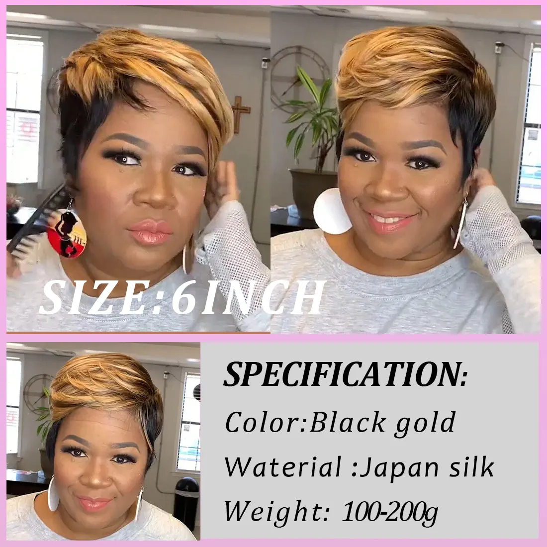 WIGERA Highlight วิกผมสังเคราะห์สั้นตรง Pixie ตัดผม Bob วิกผมน้ําผึ้งทองผสมผมสีดําสําหรับผู้หญิง
