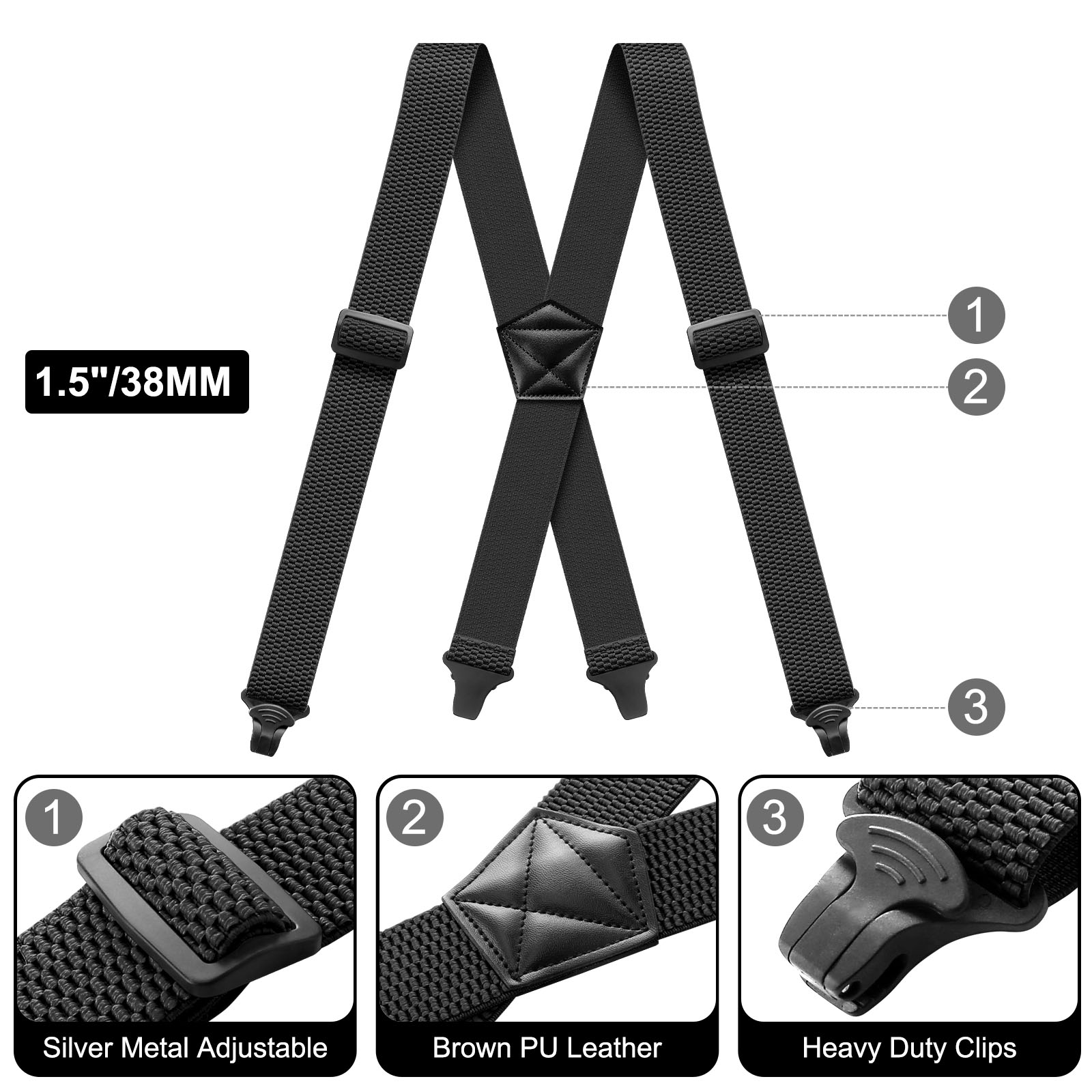Heren Bretels Zwaar werk 3,8 cm breed X-Back met 4 plastic grijpersluitingen Verstelbare elastische broekbroekbeugels