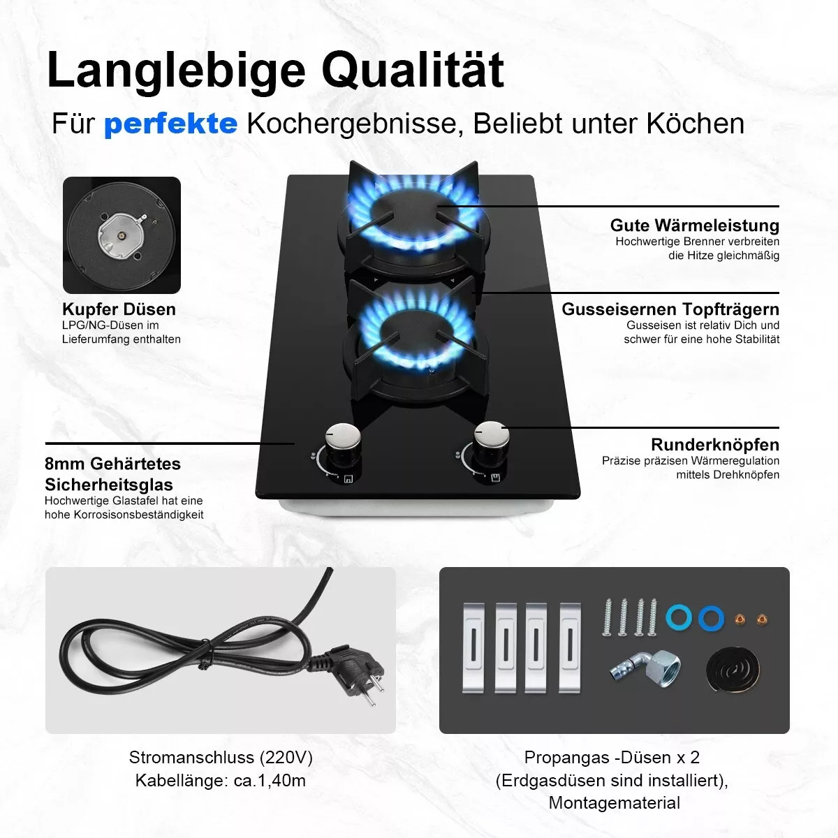 Topstrong 2-Brenner-Kochfeld aus Keramik und Glas, Erdgas-Propangas-Kochfeld YYEUGCT-B02