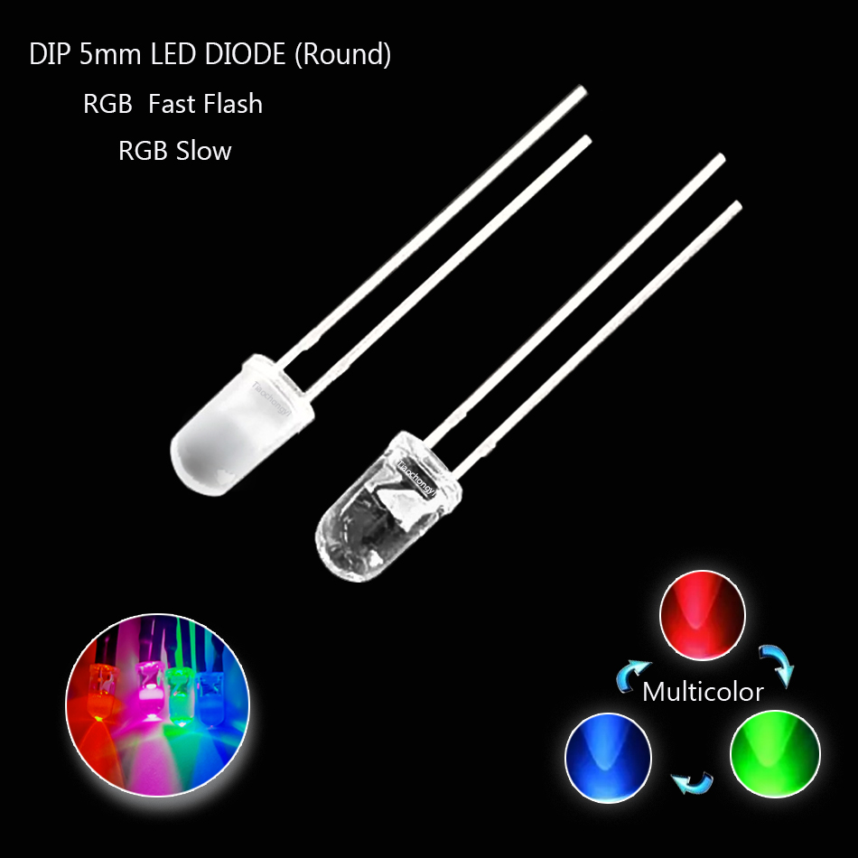 5 mm mehrfarbige, langsam/schnell blinkende RGB-LED-Diode, blinkende Leuchtdioden, 2 Pins, klare runde Linse