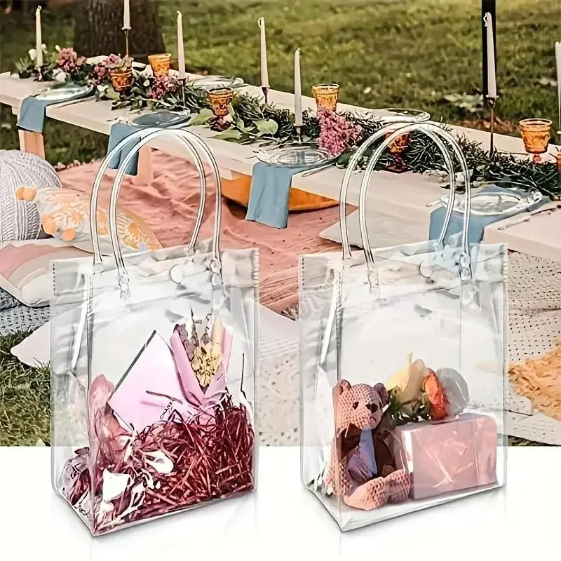 10/20 pçs saco de presente transparente com alça festa de aniversário de casamento doces presente embalagem reutilizável sacola natal chá de bebê