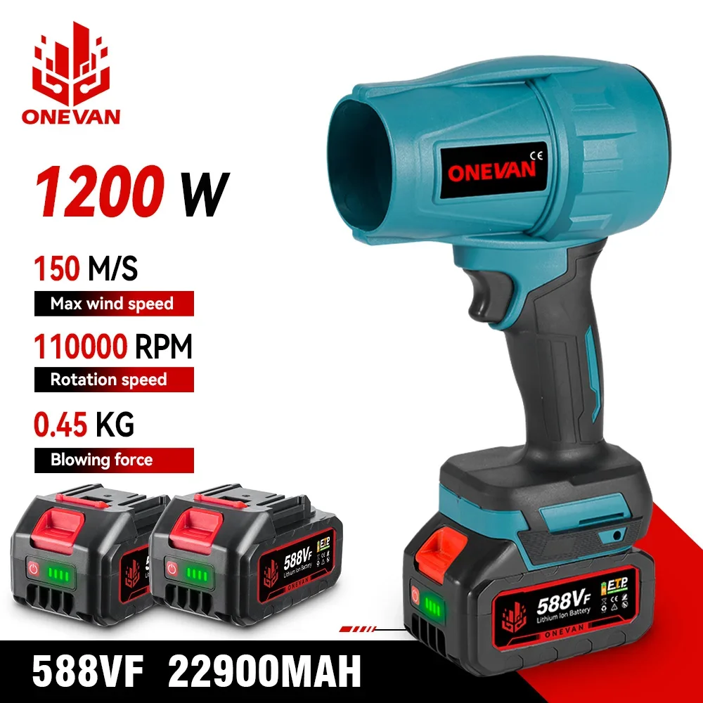 ONEVAN 1200 W elektrischer Turbogebläse, Strahlventilator, 200 m/s, heftiges Luftgebläse, Autotrockner, Staubblasen, Elektrowerkzeug für Makita 18 V-Batterie