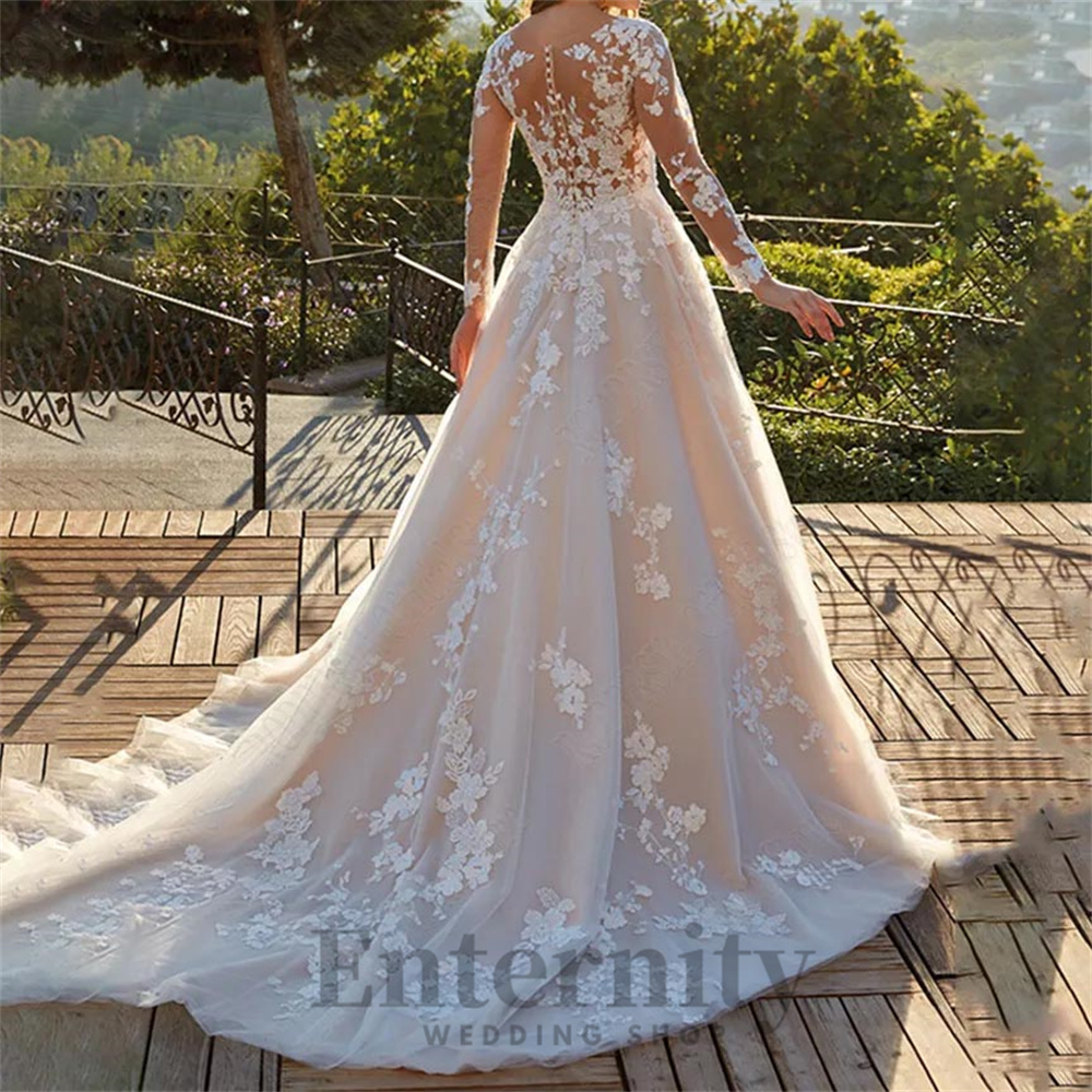 Enternity-vestido de novia línea a a a la moda, mangas completas, cola de corte, cuello redondo, Apliques de encaje, vestidos de novia personalizados