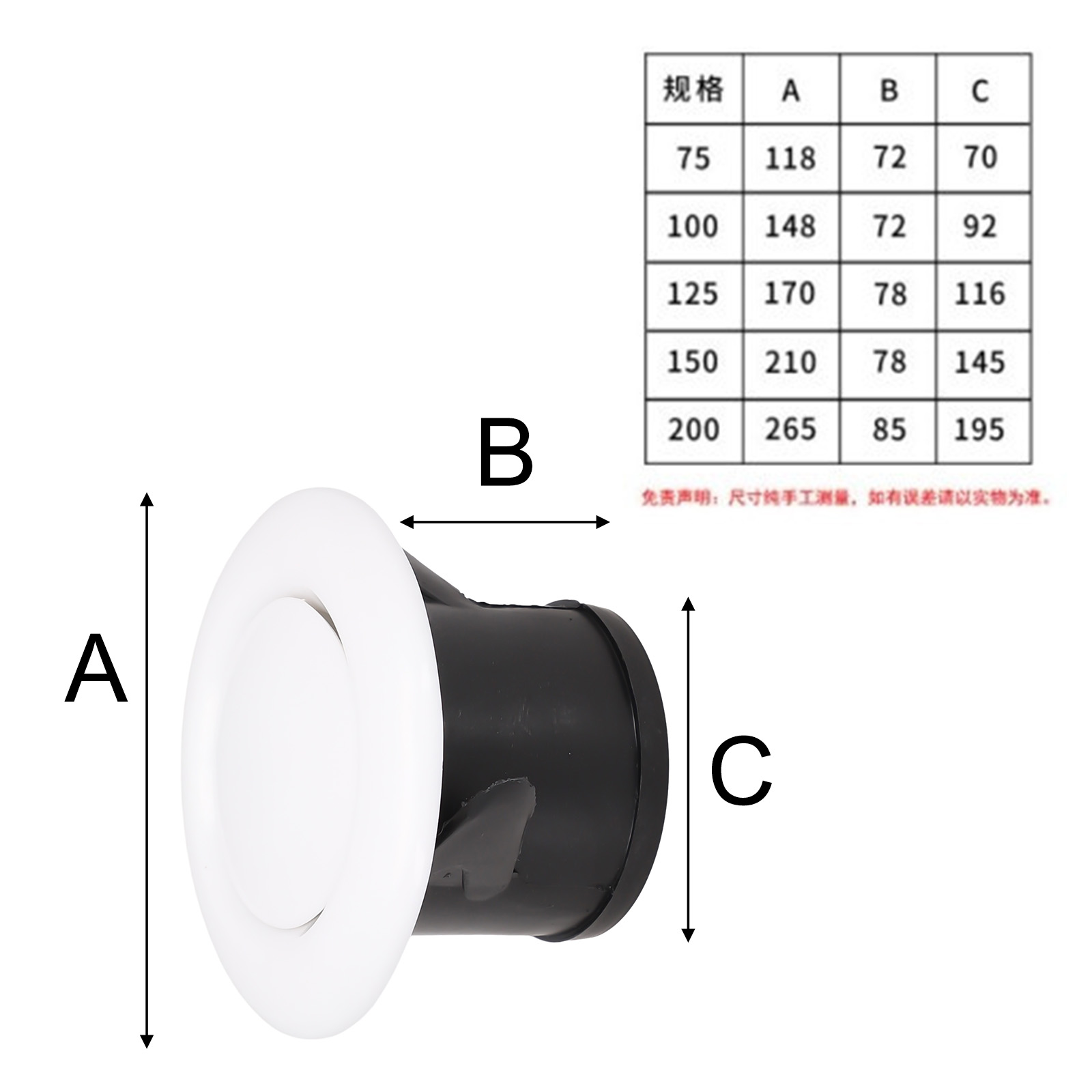 Grade redonda de ventilação de ar, tampa de saída ajustável, duto de ventilação, grelhas de ventilação 75/100/125/150mm