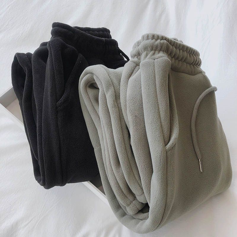 Polar Fleece Hosen Frauen Hohe Taille Verdickung Alle-spiel Strahl Füße Leggings Lose Feste Taille Kordelzug Casual Harlan Hosen