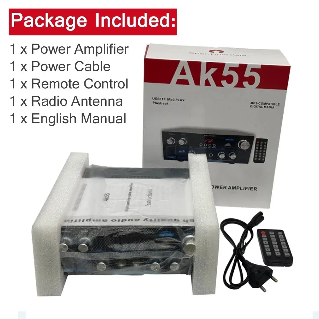 AK55 Bluetooth-versterker met microfoonondersteuning – verstelbare bas, hoge tonen, reverb en vertraging – Bluetooth, USB, SD en FM-radio
