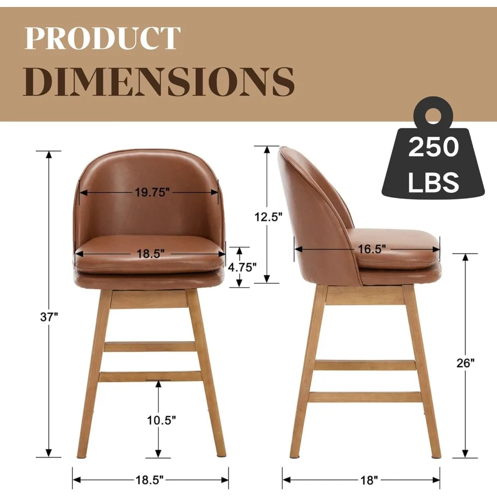 Counter Height Bar Stools Set of 2, Faux Leather Fabric Upholstered Swivel Barstools with Solid Wood Legs & Double-Padded Seat