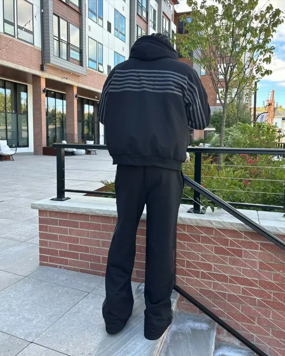 Y2K ジップフード付きスウェットパンツセット男性ツーピースヒップホップ刺繍ヴィンテージストライプ特大フード付きスウェットシャツカジュアルパンツセット