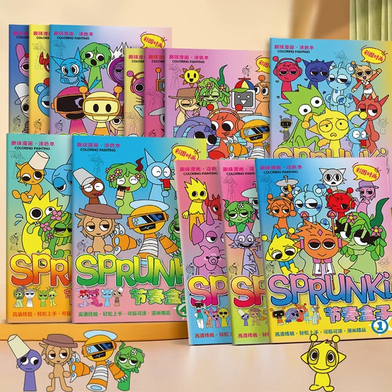 12pcs Sprunki Coloring Books Anime Game Tracing Figures Kids Coloring Drawings Stationery Books Creative Stick Figures Gift