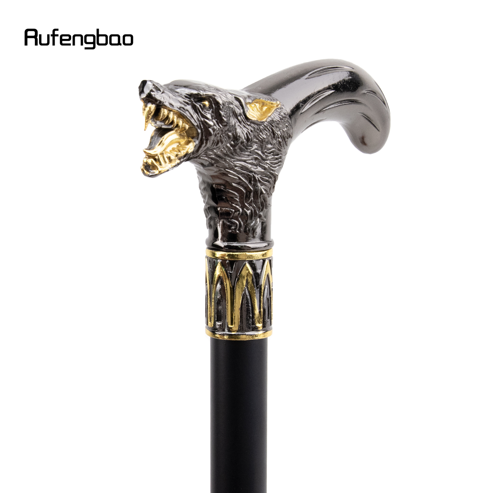 Goldener schwarzer Wolfskopf-beißender Gehstock mit versteckter Platte, Selbstverteidigung, modischer Gehstock, Platte, Cosplay, Crosier-Stick, 93 cm