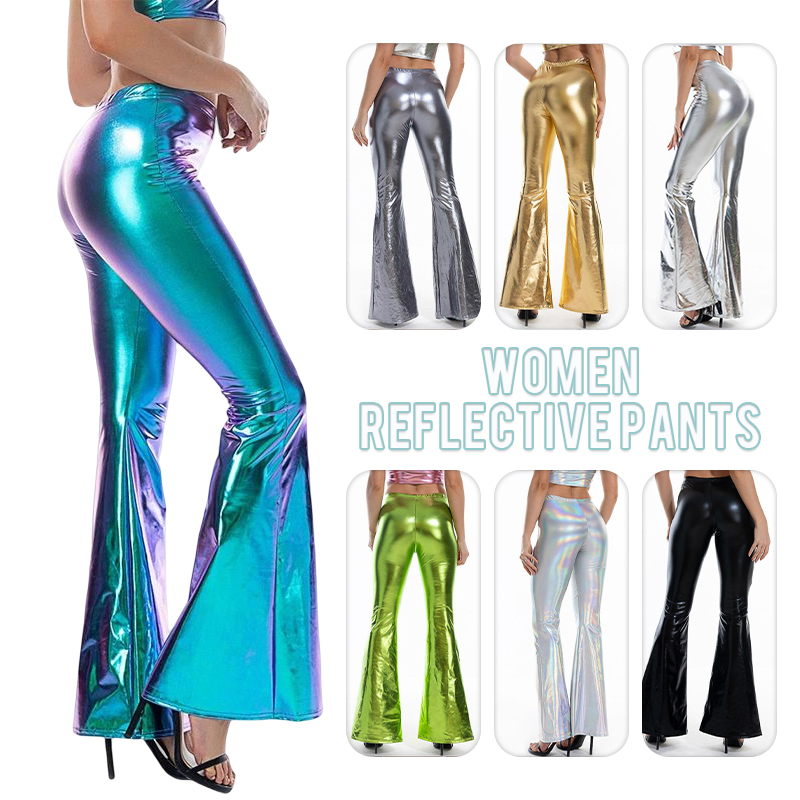 Frauen Sexy PU Leder Metallic Hosen Glänzende Holographische Flare Hosen Dame Elastische Taille Ausgestelltes Hosen Dance Performance Clubwear